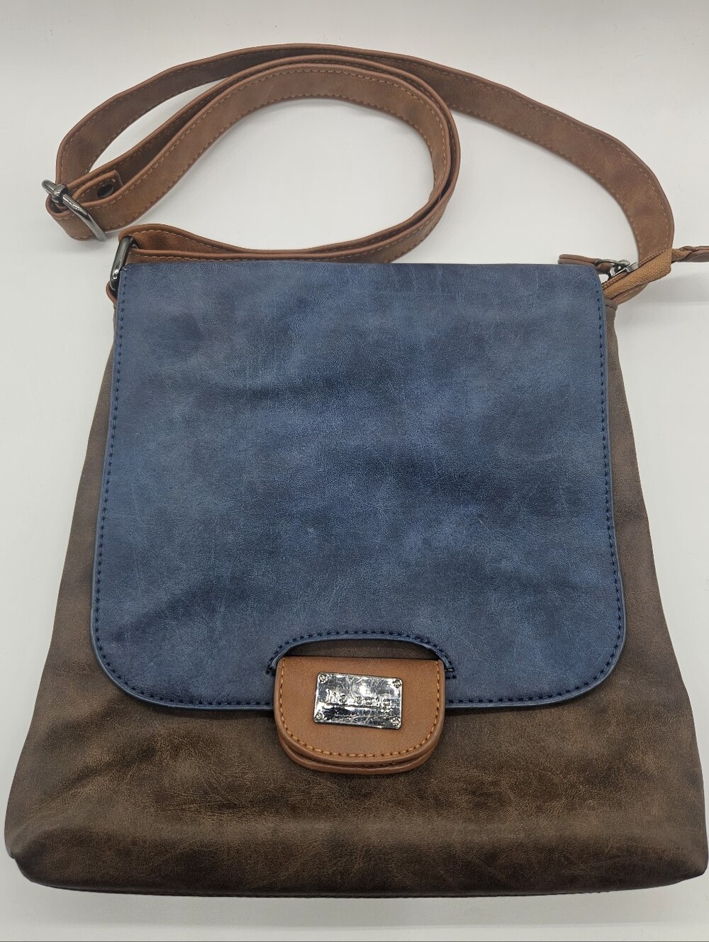 Liz Soto The Amy Crossbody In Blue/Brown Vegan Leather Floral Interior